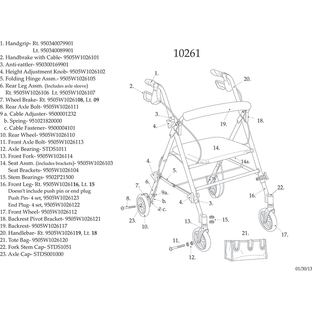 Drive Adjustable Seat Height Rollator - Parts Chart